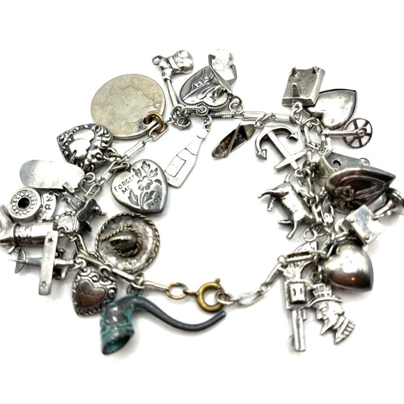 Vintage Jewelry - Rare Charm Bracelet Vintage Sterling Silver with 28 Charms 7 1/2” Collectors